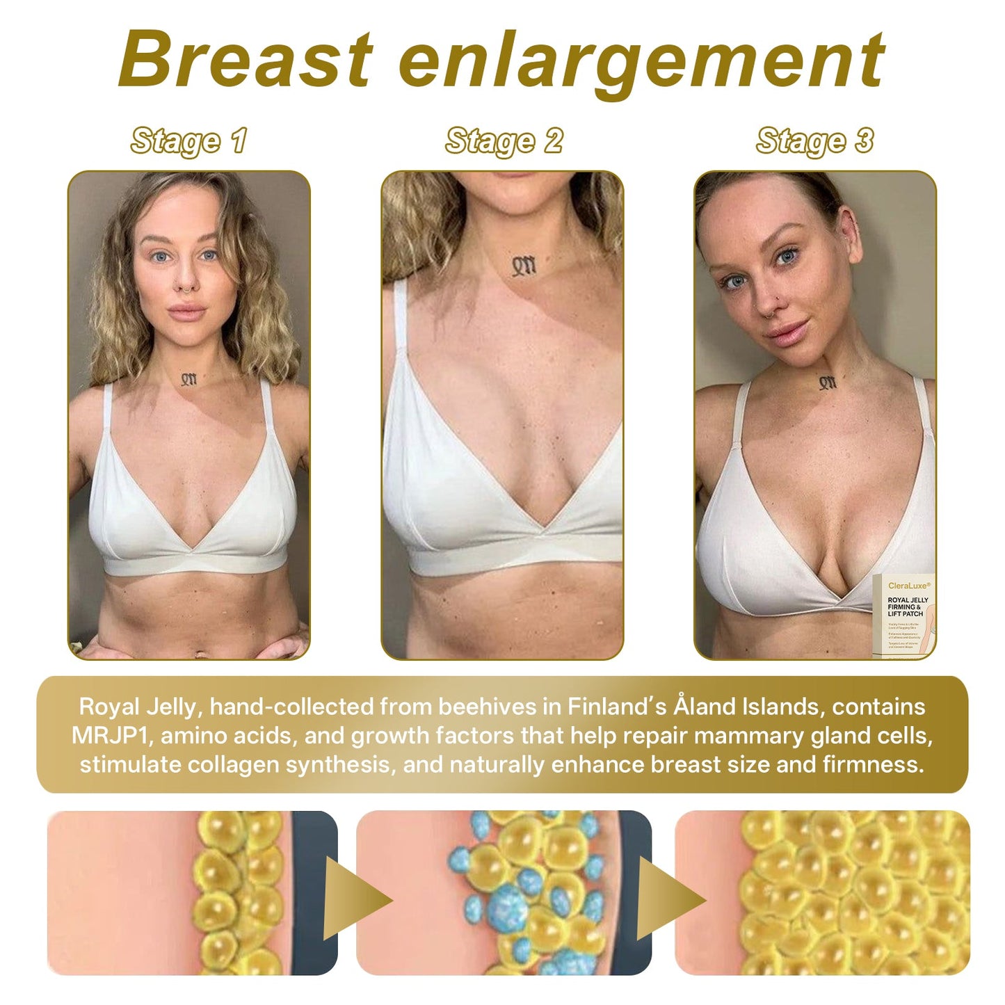 Official Online Offer | CleraLuxe® ROYAL JELLY FIRMING & LIFT PATCH - Safe to use during breastfeeding – suitable for concerns such as underdeveloped breasts, sagging, flatness, skin creasing, and nipple pigmentation.