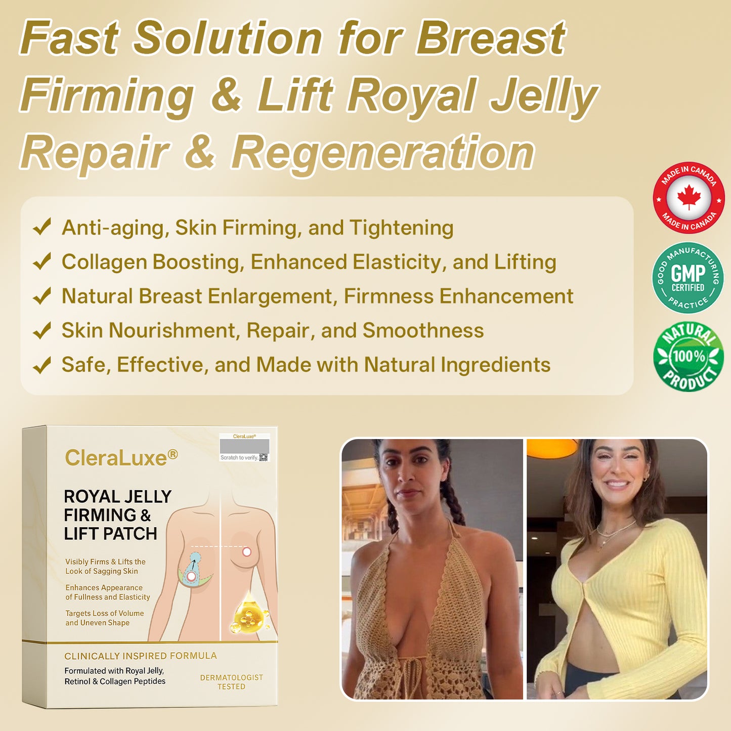 Official Online Offer | CleraLuxe® ROYAL JELLY FIRMING & LIFT PATCH - Safe to use during breastfeeding – suitable for concerns such as underdeveloped breasts, sagging, flatness, skin creasing, and nipple pigmentation.