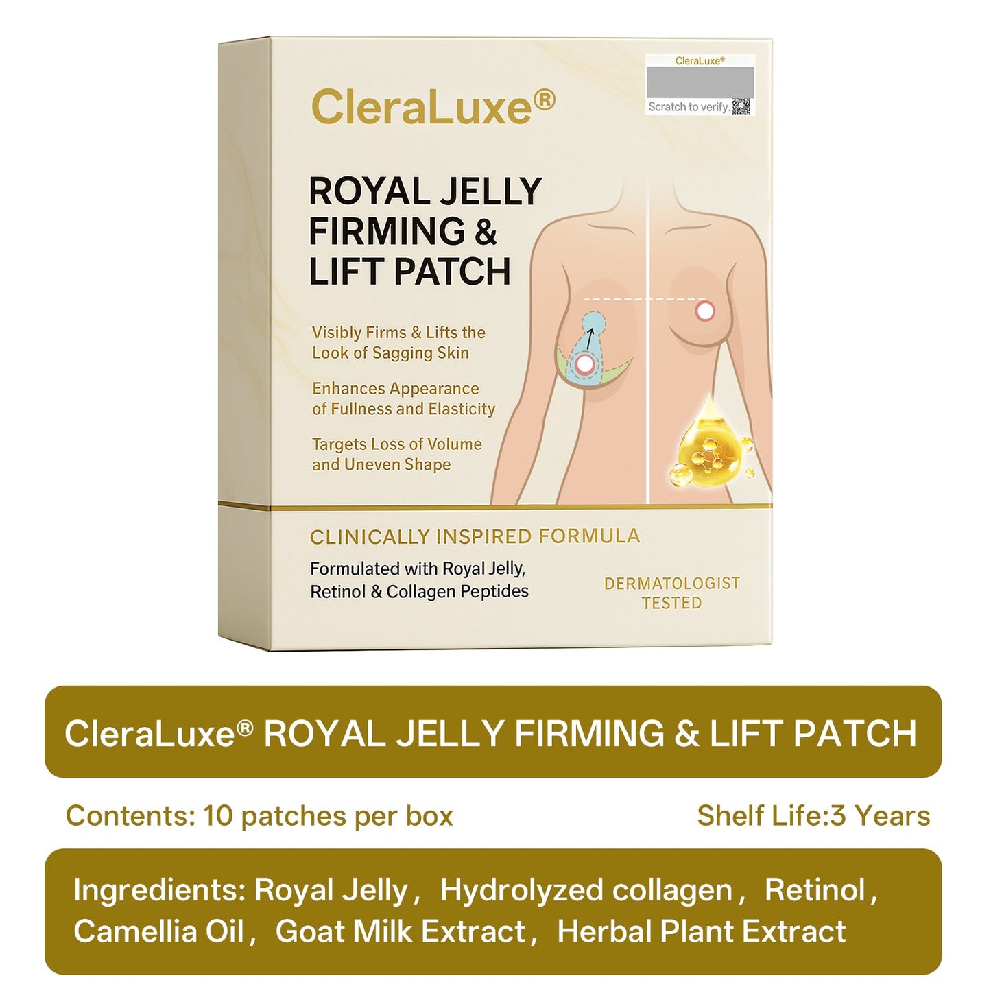 Official Online Offer | CleraLuxe® ROYAL JELLY FIRMING & LIFT PATCH - Safe to use during breastfeeding – suitable for concerns such as underdeveloped breasts, sagging, flatness, skin creasing, and nipple pigmentation.